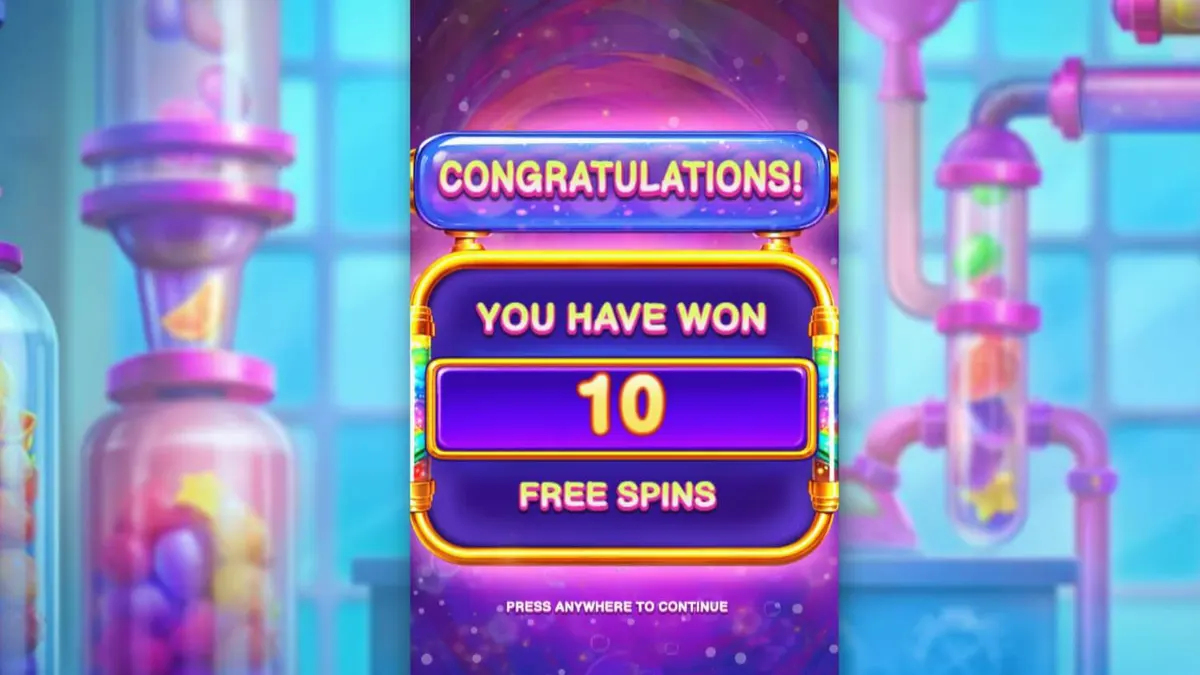 Interface do jogo de slot Sweet Burst com elementos de laboratório neon e doces